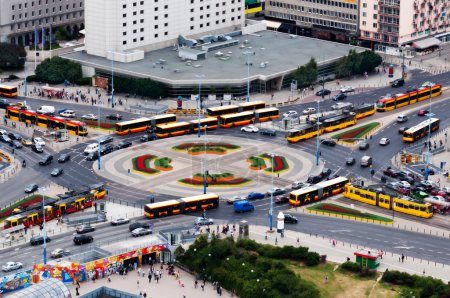 Rush hour traffic on the Dmowskiego roundabout in Warsaw
