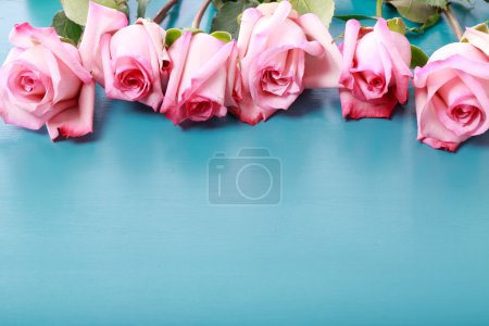 Pink roses on turquoise blue wooden board