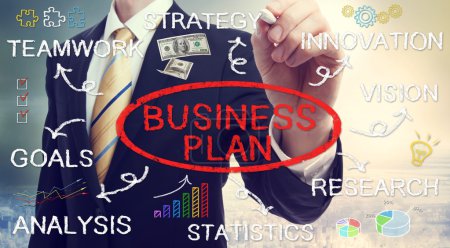 Businessman drawing business plan concepts