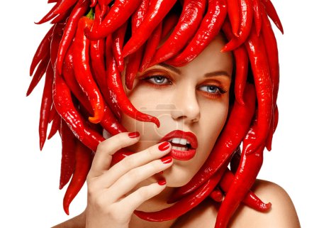 Glassy Sensual Woman with Trendy Head Wear - Paprika Chili Pepper. Creativity