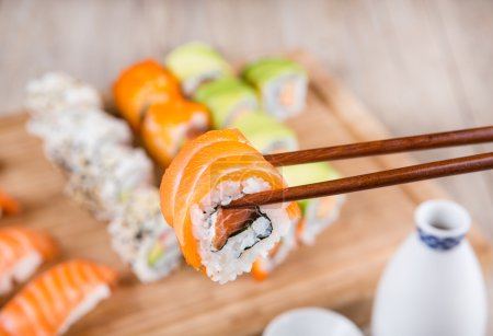 Variation of fresh tasty sushi rolls