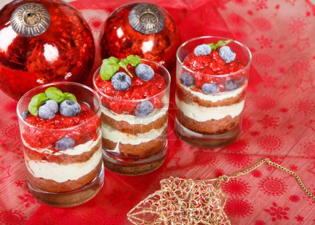 Christmas dessert. Sweet dessert tiramisu with strawberry, fresh