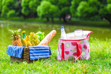 Picnic basket with fruits, bread and bottle of white wine