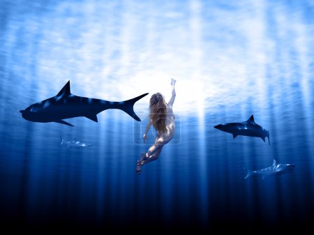 Sharks and woman swimming in rays with sun
