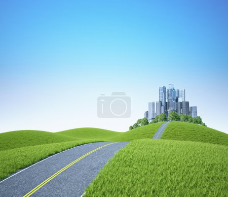 Background landscape - green hills with tree and cityscape