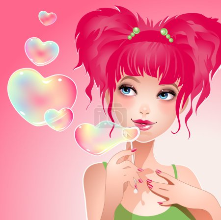 Vector illustration of the girl with a heart-shaped hair