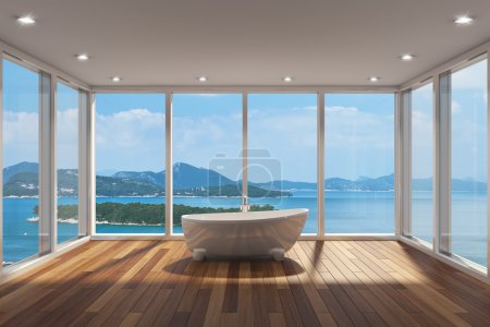 Modern bathroom with large bay window