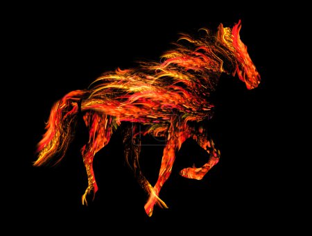 Fiery horse, symbol of the 2014 year - raster illustration. yellow and red fire horse silhouette isolated on black background.