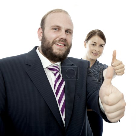 young brunette woman and beard business man thumbs up