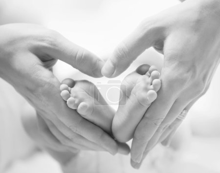 Tiny Newborn Baby's Feet on Female Heart Shaped Hands Closeup