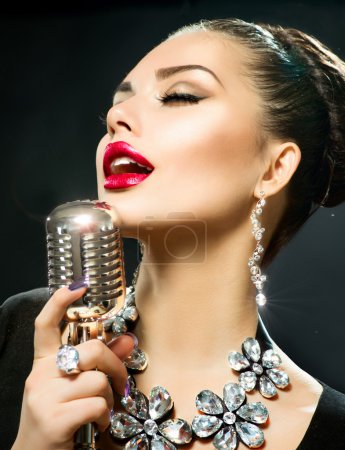 Singing Woman with Retro Microphone