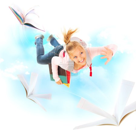 Back to School. Schoolgirl Flying With Her Books and Notebooks