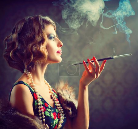 Retro Woman Portrait. Smoking Lady with Mouthpiece