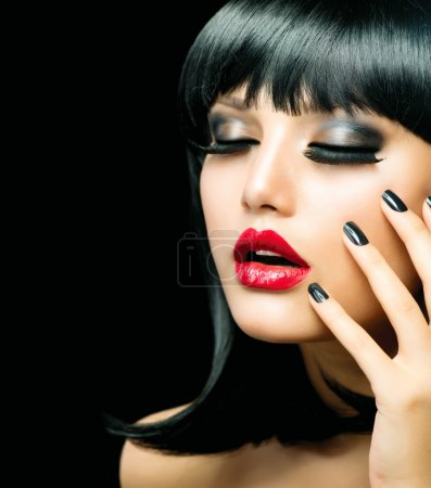 Fashion Girl Closeup. Red Lips And Black Nails