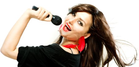 Beautiful Singing Girl. Beauty Woman with Microphone over White