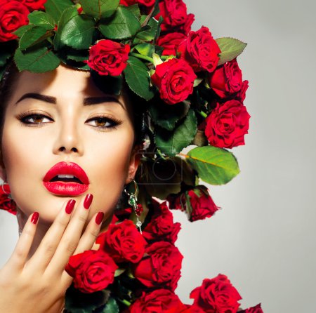 Beauty Fashion Model Girl Portrait with Red Roses Hairstyle
