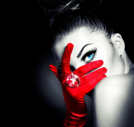 Vintage Style Mysterious Woman Wearing Red Glamour Gloves
