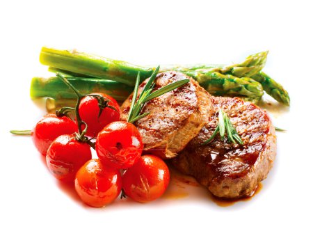 BBQ Steak. Barbecue Grilled Beef Steak Meat with Vegetables