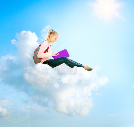 School Girl or Student Sitting on a Cloud and Reading a book