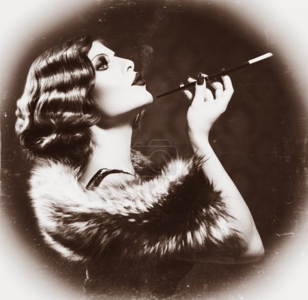 Smoking Retro Woman. Vintage Styled Black and White Photo