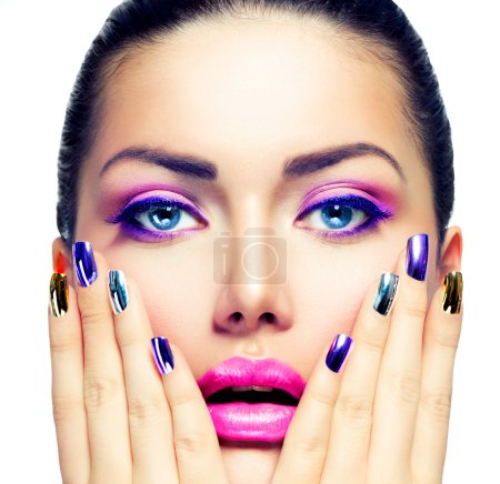 Beauty Makeup. Purple Make-up and Colorful Bright Nails