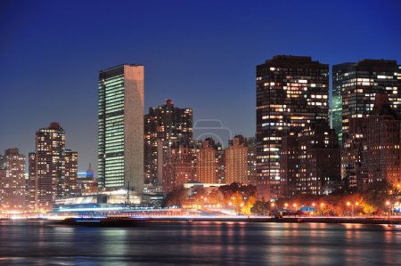 UN complex in New York City at night