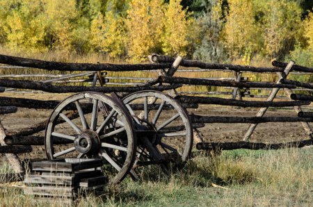 Old wagon wheel in fall