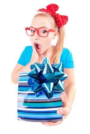 Funny girl excited by getting a present