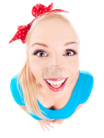 Cheerful funny girl isolated on white, fish eye lens shot