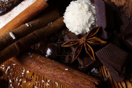 heap of sweets, chocolate and spices