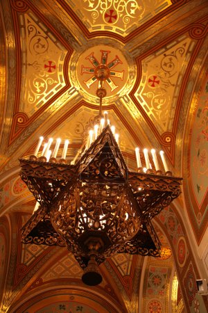 Chandelier under dome of Temple of Christ of Savior in Moscow