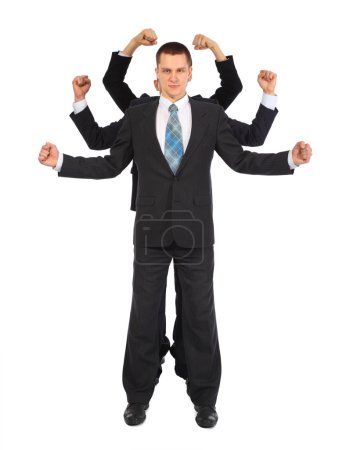Young businessman with six fists full body
