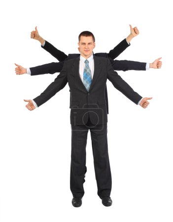 Young businessman with six hands shows gesture ok