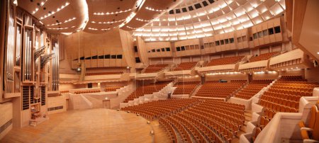 Panorama of empty concert hall with organ