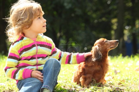 Little girl with dachshund sits on grass