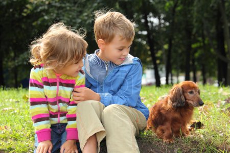 Children with dachshund sit on grass