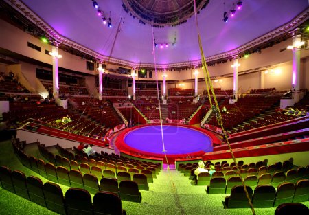Circle arena in circus green and purple light lamps general view