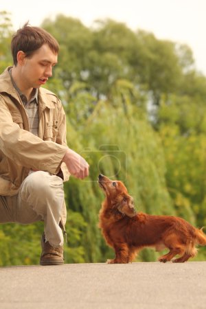 Young man and his adorable dachshund outdoor