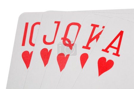 Playing cards of colour of hearts isolated on white background,