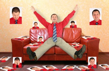 Man on the leather red sofa with the photographs, collage