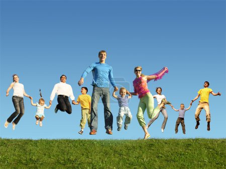 Many jumping families on the grass, collage