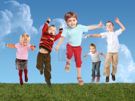 Many jumping children on grass, collage