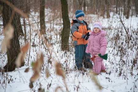Brother with sister in forest in winter