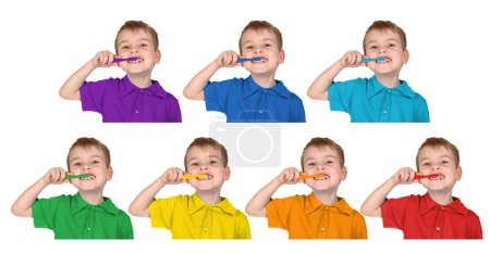 Boys in iridescent sports shirts show with the toothbrush , coll