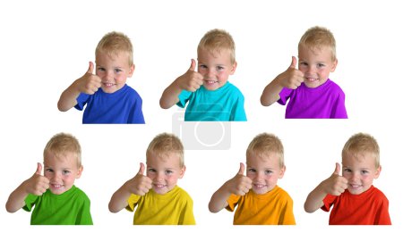 Boys in iridescent sports shirts show gesture ok, collage