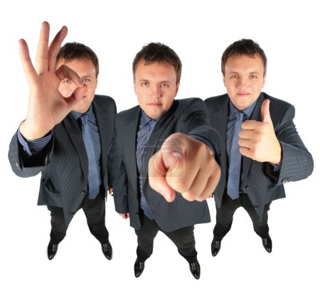 Three businessmen, two with ok gesture and one showing to you, c