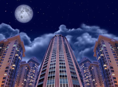 Night buildings on sky and moon, collage