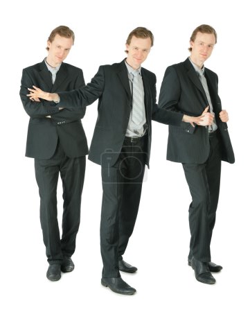 Three businessmen in suit standing on white background, collage