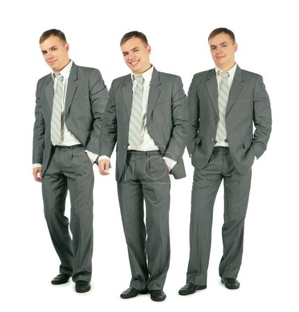 Three merry businessmen in suit standing on white background, co