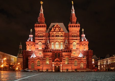 Facade of Moscow historical museum at night